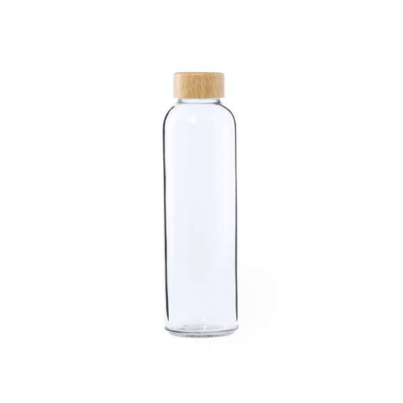 Bidón transparente de cristal de 500 ml de capacidad, con tapón a rosca en bambú y libre de BPA. Presentado en atractiva caja de diseño kraft.