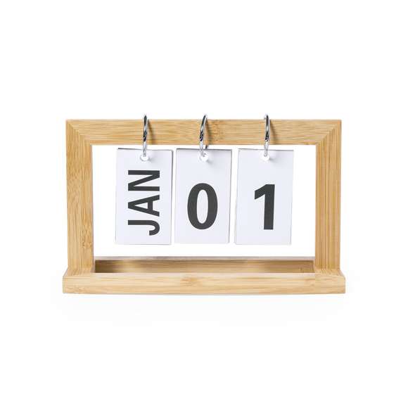 Calendario perpetuo de línea nature: ya no es necesario cambiar de calendario cada año, con el beneficio al medio ambiente que esto supone. Fabricado en bambú, con anillas metálicas cromadas. Tipografía de fácil lectura y especialmente diseñado para marcaje en láser.
