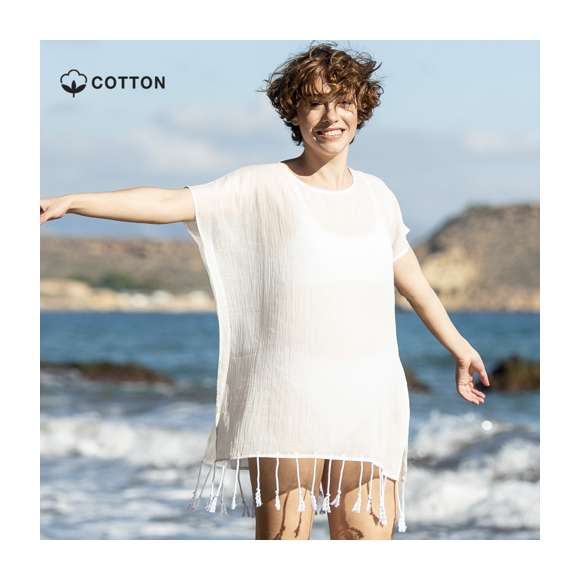 Kaftán de suave tacto y terminación con flecos. Talla única para adulto y fabricado en material 100% algodón.