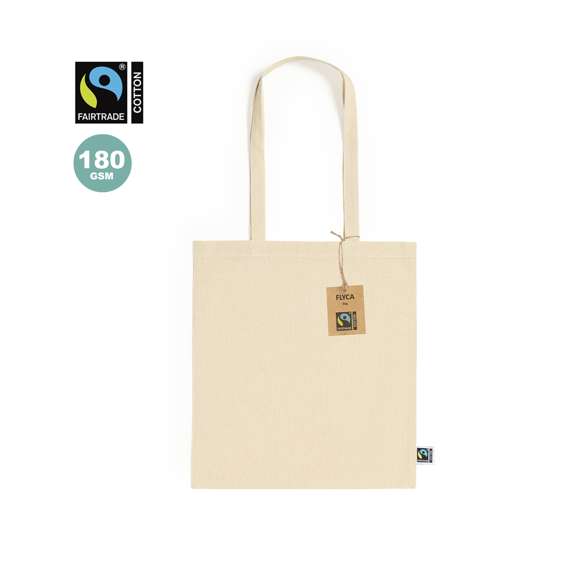 Bolsa de línea nature, fabricada en 100% algodón de 180g/m2 en tono natural. Con certificación Fairtrade (Comercio Justo) un sistema comercial solidario y alternativo al convencional que persigue el desarrollo de los pueblos y la lucha contra la pobreza. De acabado cosido, con asas largas de 70cm y resistencia hasta 7kg de peso. Incluida etiqueta Fairtrade y hangtag distintivo en cartón reciclado.