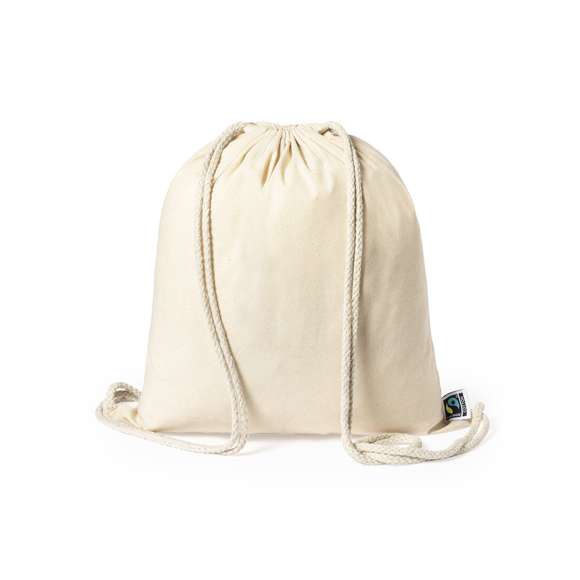 Mochila de cuerdas de línea nature, fabricada en 100% algodón de 180g/m2 en tono natural. Con certificación Fairtrade (Comercio Justo) un sistema comercial solidario y alternativo al convencional que persigue el desarrollo de los pueblos y la lucha contra la pobreza. De acabado cosido, cordones de algodón y resistencia hasta 9kg de peso. Incluida etiqueta Fairtrade y hangtag distintivo en cartón reciclado.