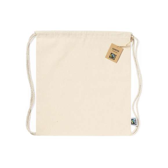 Mochila de cuerdas de línea nature, fabricada en 100% algodón de 180g/m2 en tono natural. Con certificación Fairtrade (Comercio Justo) un sistema comercial solidario y alternativo al convencional que persigue el desarrollo de los pueblos y la lucha contra la pobreza. De acabado cosido, cordones de algodón y resistencia hasta 9kg de peso. Incluida etiqueta Fairtrade y hangtag distintivo en cartón reciclado.