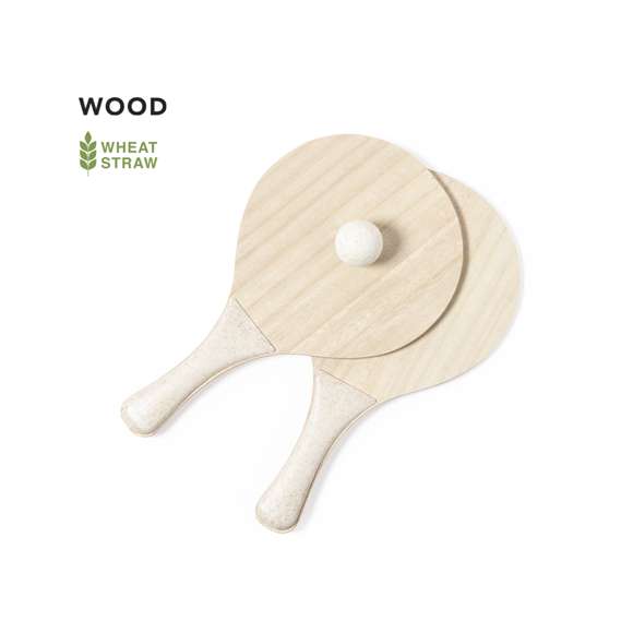 Par de palas de playa de línea nature. Fabricadas en madera, con mango reforzado en caña de trigo. Presentadas en bolsa de rejilla y con pelota de caña de trigo. Distintivo en el mango.