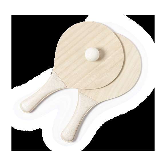 Par de palas de playa de línea nature. Fabricadas en madera, con mango reforzado en caña de trigo. Presentadas en bolsa de rejilla y con pelota de caña de trigo. Distintivo en el mango.