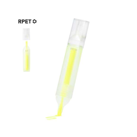 Marcador fluorescente de línea nature fabricado en RPET, elaborado a partir de plástico reciclado para así fomentar la reutilización de residuos plásticos y ayudar a la sostenibilidad del planeta. Con cuerpo transparente y capucha a juego. Con distintivo RPET impreso en el marcador.