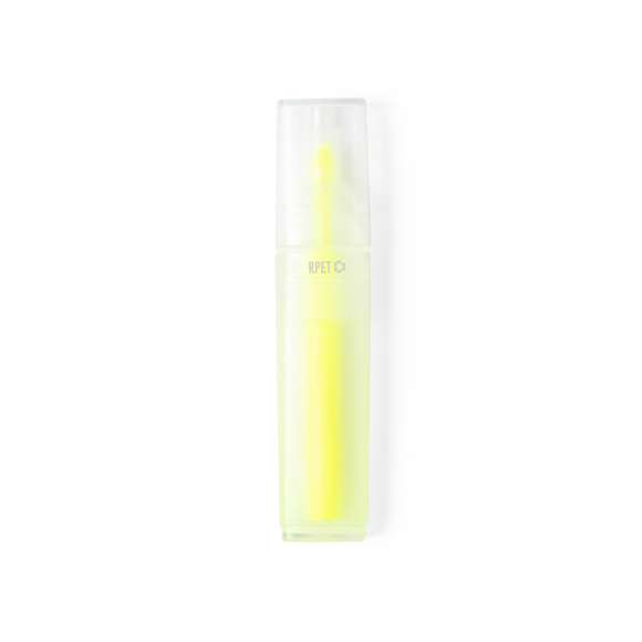 Marcador fluorescente de línea nature fabricado en RPET, elaborado a partir de plástico reciclado para así fomentar la reutilización de residuos plásticos y ayudar a la sostenibilidad del planeta. Con cuerpo transparente y capucha a juego. Con distintivo RPET impreso en el marcador.