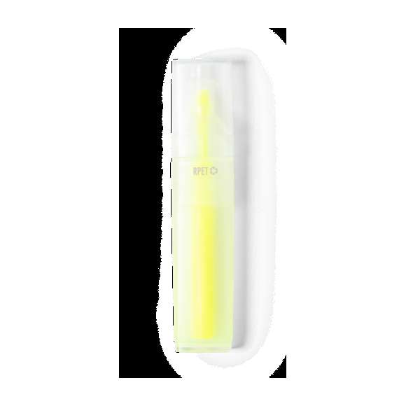 Marcador fluorescente de línea nature fabricado en RPET, elaborado a partir de plástico reciclado para así fomentar la reutilización de residuos plásticos y ayudar a la sostenibilidad del planeta. Con cuerpo transparente y capucha a juego. Con distintivo RPET impreso en el marcador.