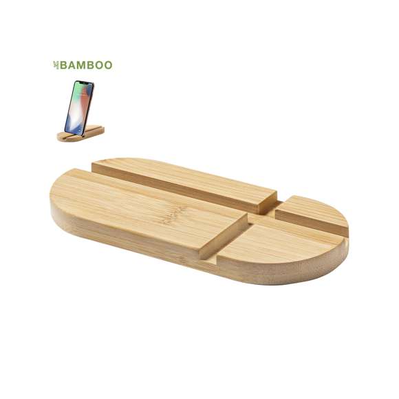 Original y sencillo soporte de línea nature para smartphone y tablet. Fabricado en bambú procedente de cortes naturales. Presentado en atractiva caja individual de diseño eco.