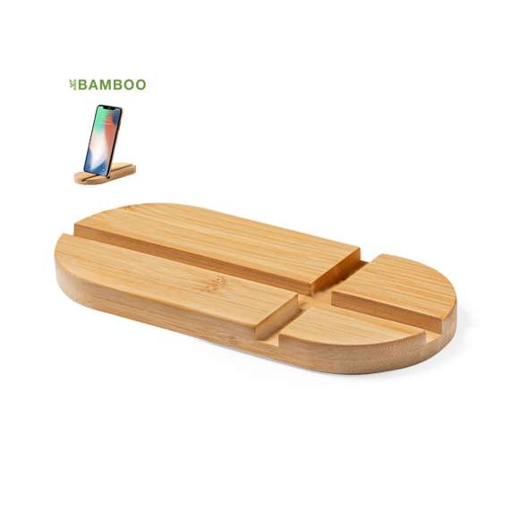 Original y sencillo soporte de línea nature para smartphone y tablet. Fabricado en bambú procedente de cortes naturales. Presentado en atractiva caja individual de diseño eco.