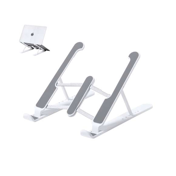 Soporte plegable para portátil. Fabricado en resistente ABS con protecciones antideslizantes en TPR para un firme ajuste al dispositivo. Regulable en altura, con plegado de tamaño compacto y presentado en funda de antelina con cierre de cordón y en caja individual de diseño.