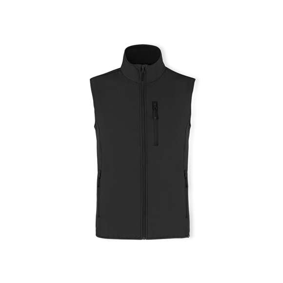 Chaleco impermeable y transpirable en combinación de materiales RPET, elaborados a partir de plástico reciclado, para así fomentar la reutilización de residuos plásticos y contribuir a la sostenibilidad del planeta: exterior en soft shell y elastano de 300g/m2 con interior en 100% poliéster microfleece. Con distintivo eco en dobladillo inferior de la prenda.  Resistente al viento y al agua con cierre principal y bolsillos frontal en pecho y laterales de cremallera invisible y tiradores a juego. Disponible en variada gama de colores y en tallas S, M, L, XL, XXL.