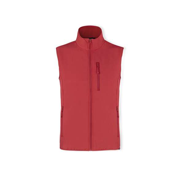 Chaleco impermeable y transpirable en combinación de materiales RPET, elaborados a partir de plástico reciclado, para así fomentar la reutilización de residuos plásticos y contribuir a la sostenibilidad del planeta: exterior en soft shell y elastano de 300g/m2 con interior en 100% poliéster microfleece. Con distintivo eco en dobladillo inferior de la prenda.  Resistente al viento y al agua con cierre principal y bolsillos frontal en pecho y laterales de cremallera invisible y tiradores a juego. Disponible en variada gama de colores y en tallas S, M, L, XL, XXL.