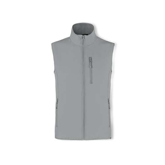 Chaleco impermeable y transpirable en combinación de materiales RPET, elaborados a partir de plástico reciclado, para así fomentar la reutilización de residuos plásticos y contribuir a la sostenibilidad del planeta: exterior en soft shell y elastano de 300g/m2 con interior en 100% poliéster microfleece. Con distintivo eco en dobladillo inferior de la prenda.  Resistente al viento y al agua con cierre principal y bolsillos frontal en pecho y laterales de cremallera invisible y tiradores a juego. Disponible en variada gama de colores y en tallas S, M, L, XL, XXL.