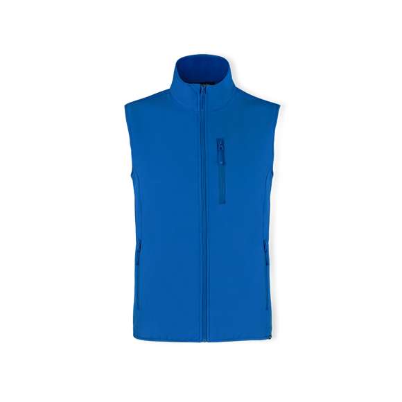 Chaleco impermeable y transpirable en combinación de materiales RPET, elaborados a partir de plástico reciclado, para así fomentar la reutilización de residuos plásticos y contribuir a la sostenibilidad del planeta: exterior en soft shell y elastano de 300g/m2 con interior en 100% poliéster microfleece. Con distintivo eco en dobladillo inferior de la prenda.  Resistente al viento y al agua con cierre principal y bolsillos frontal en pecho y laterales de cremallera invisible y tiradores a juego. Disponible en variada gama de colores y en tallas S, M, L, XL, XXL.