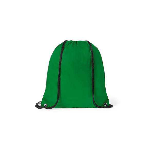 Mochila de cuerdas para niño en suave poliéster 210D de vivos colores. Con cuerdas autocierre en color negro y esquinas con argollas metálicas de refuerzo.