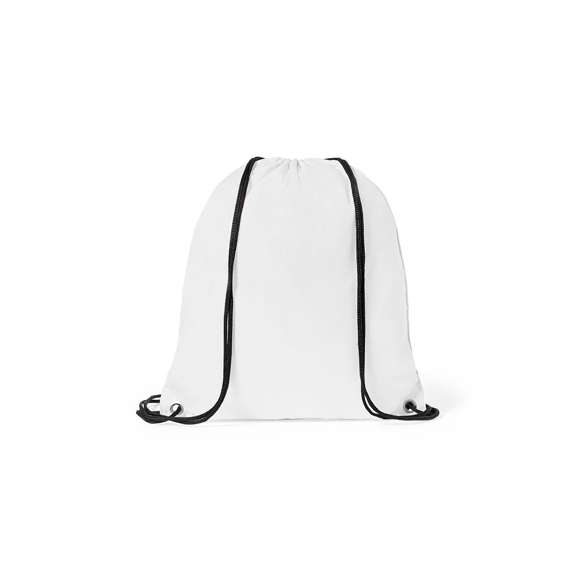 Mochila de cuerdas para niño en suave poliéster 210D de vivos colores. Con cuerdas autocierre en color negro y esquinas con argollas metálicas de refuerzo.