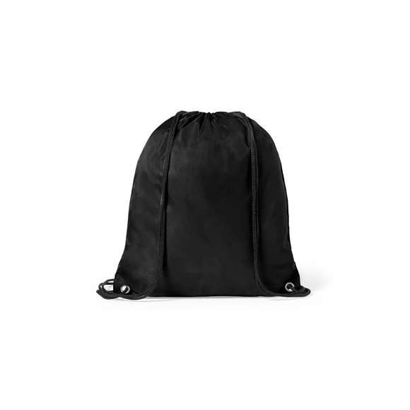 Mochila de cuerdas para niño en suave poliéster 210D de vivos colores. Con cuerdas autocierre en color negro y esquinas con argollas metálicas de refuerzo.