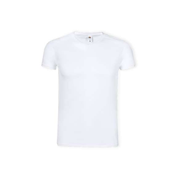 Camiseta para adulto blanca Iconic V-Neck de Fruit Of The Loom. Fabricada en material 100% algodón peinado Ring Spun de 140g/m2. De tacto suave y corte moderno, con cuello en pico estrecho de canalé 1x1 y tapeta a juego. Etiqueta fácilmente removible y disponible en tallas S, M, L, XL, XXL.
