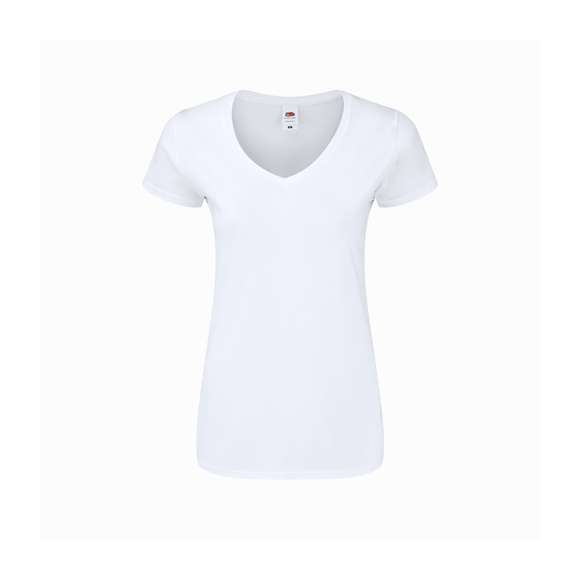 Camiseta para mujer blanca Iconic V-Neck de Fruit Of The Loom. Fabricada en material 100% algodón peinado Ring Spun de 140g/m2 hilado en anillo. De tacto suave y corte entallado, con costuras laterales diseñadas para un ajuste perfecto. Con cuello en pico estrecho de canalé 1x1 y tapeta a juego. Etiqueta fácilmente removible y disponible en tallas XS, S, M, L, XL, XXL.