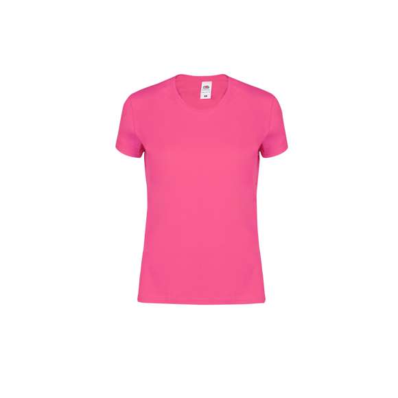 Camiseta para mujer color Iconic de Fruit Of The Loom. Fabricada en material 100% algodón peinado Ring Spun de 150g/m2. De tacto suave y corte entallado, con costuras laterales diseñadas para un ajuste perfecto. Con cuello redondo estrecho de canalé 1x1 y tapeta a juego. Etiqueta fácilmente removible y disponible en completa gama de colores. Tallas XS, S, M, L, XL, XXL.