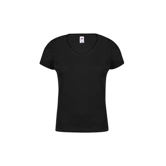 Camiseta para mujer color Iconic V-Neck de Fruit Of The Loom. Fabricada en material 100% algodón peinado Ring Spun de 150g/m2 hilado en anillo. De tacto suave y corte entallado, con costuras laterales diseñadas para un ajuste perfecto. Con cuello en pico estrecho de canalé 1x1 y tapeta a juego. Etiqueta fácilmente removible y disponible en variada gama de colores. Tallas XS, S, M, L, XL, XXL.