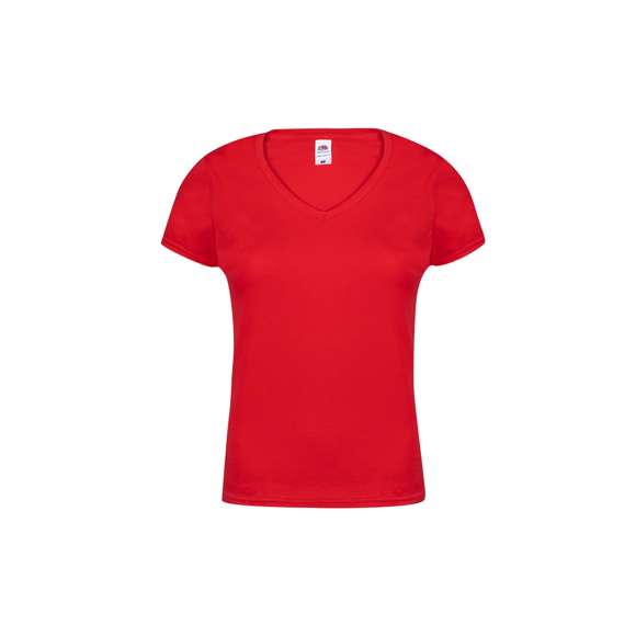 Camiseta para mujer color Iconic V-Neck de Fruit Of The Loom. Fabricada en material 100% algodón peinado Ring Spun de 150g/m2 hilado en anillo. De tacto suave y corte entallado, con costuras laterales diseñadas para un ajuste perfecto. Con cuello en pico estrecho de canalé 1x1 y tapeta a juego. Etiqueta fácilmente removible y disponible en variada gama de colores. Tallas XS, S, M, L, XL, XXL.