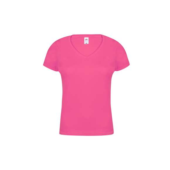 Camiseta para mujer color Iconic V-Neck de Fruit Of The Loom. Fabricada en material 100% algodón peinado Ring Spun de 150g/m2 hilado en anillo. De tacto suave y corte entallado, con costuras laterales diseñadas para un ajuste perfecto. Con cuello en pico estrecho de canalé 1x1 y tapeta a juego. Etiqueta fácilmente removible y disponible en variada gama de colores. Tallas XS, S, M, L, XL, XXL.