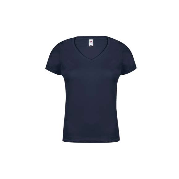 Camiseta para mujer color Iconic V-Neck de Fruit Of The Loom. Fabricada en material 100% algodón peinado Ring Spun de 150g/m2 hilado en anillo. De tacto suave y corte entallado, con costuras laterales diseñadas para un ajuste perfecto. Con cuello en pico estrecho de canalé 1x1 y tapeta a juego. Etiqueta fácilmente removible y disponible en variada gama de colores. Tallas XS, S, M, L, XL, XXL.