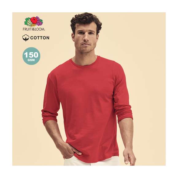 Camiseta adulto color Iconic Long Sleeve de Fruit Of The Loom. Manga larga, fabricada en material 100% algodón peinado Ring Spun de 150g/m2. De tacto suave y corte clásico, con cuello redondo estrecho de canalé 1x1 y tapeta a juego. Etiqueta fácilmente removible y disponible en variada gama de colores. Tallas S, M, L, XL, XXL.