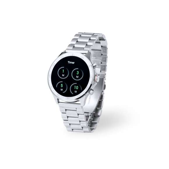 Reloj inteligente multifunción de diseño casual, con conexión Bluetooth®. Caja de diseño circular y correa en acero inox a juego. Pantalla TFT táctil de 1,32 pulgadas y batería de 230 mAh, que lo convierten en el gadget perfecto para todo tipo de actividades deportivas, de ocio y para el día a día.  Multitud de funciones disponibles, interfaz multilenguaje y resistente a salpicaduras de agua, con APP disponible para iOS y Android. Presentado en caja individual de diseño, con manual de instrucciones en español e inglés.