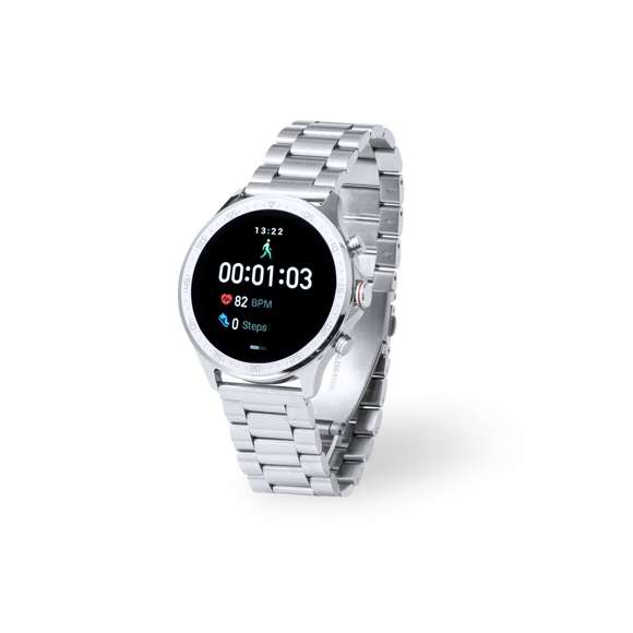 Reloj inteligente multifunción de diseño casual, con conexión Bluetooth®. Caja de diseño circular y correa en acero inox a juego. Pantalla TFT táctil de 1,32 pulgadas y batería de 230 mAh, que lo convierten en el gadget perfecto para todo tipo de actividades deportivas, de ocio y para el día a día.  Multitud de funciones disponibles, interfaz multilenguaje y resistente a salpicaduras de agua, con APP disponible para iOS y Android. Presentado en caja individual de diseño, con manual de instrucciones en español e inglés.