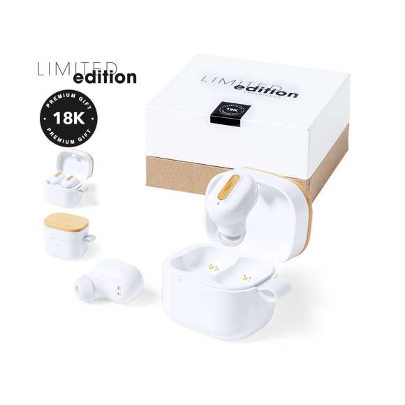 Auriculares inalámbricos Limited Edition. Un rompedor diseño que conjuga diseño, funcionalidad, y sostenibilidad. En elegante acabado de color blanco en combinación con detalles en bambú natural y presentados en estuche cargador blanco con distinguida tapa de bambú. De diseño ergonómico, incluyen botón de control táctil integrado en el auricular, con base de carga a juego y luz LED indicadora de carga. Con conexión Bluetooth 5.0. Función manos libres y recargables con cable USB C incluido. Manual de instrucciones en Español e Inglés incluido.  De la perfecta combinación entre exclusividad y diseño, nace Limited Edition, una colección especial de ideas promocionales de edidición limitada. Un nuevo concepto, inspirado en la fusión de artículos premium con las últimas y más novedosas tendencias y que cuenta con una seleción limitada de unidades, convirtiendo así un regalo en una experiencia única e inolvidable.  Exclusivo estuche de presentación Limited Edition, con diseño protegido por derechos de propiedad industrial.  Incluida tarjeta con descripción de Limited Edition en cartón reciclado.