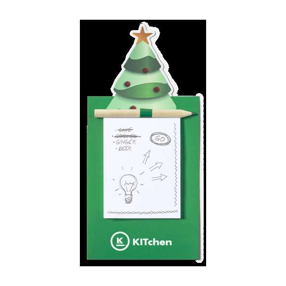Imán con bloc de notas en divertido diseño de árbol navideño. Incluye 40 hojas lisas y lápiz de madera natural.