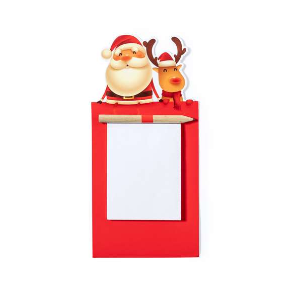 Imán con bloc de notas en divertido diseño navideño de Papá Noel y Reno. Incluye 40 hojas lisas y lápiz de madera natural.