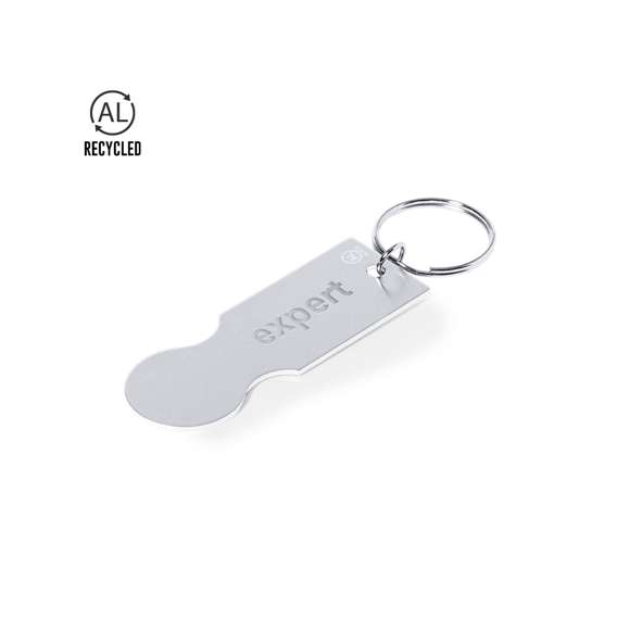 Llavero moneda en aluminio reciclado de acabado plateado. Cuerpo con amplia superficie de marcaje y distintivo aluminio reciclado. Con anilla llavero metálica a juego.  El aluminio reciclado es un material con posibilidades de reciclaje casi infinitas, sin perder sus propiedades originales y consumiendo menos energía en este proceso.