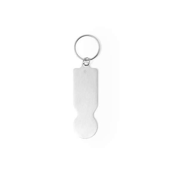 Llavero moneda en aluminio reciclado de acabado plateado. Cuerpo con amplia superficie de marcaje y distintivo aluminio reciclado. Con anilla llavero metálica a juego.  El aluminio reciclado es un material con posibilidades de reciclaje casi infinitas, sin perder sus propiedades originales y consumiendo menos energía en este proceso.