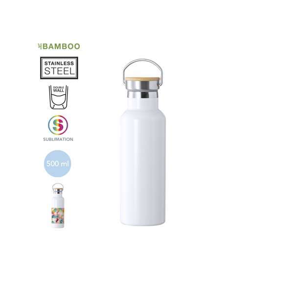 Bidón térmico de 500 ml de capacidad, fabricado en acero inox de doble pared y especialmente diseñado para marcaje en sublimación. De acabado blanco brillo y con original tapón a rosca en acero inox, con detalle de bambú y asa integrada. Libre de BPA y presentado en caja individual de diseño kraft.Disponible manual de instrucciones en español e inglés.