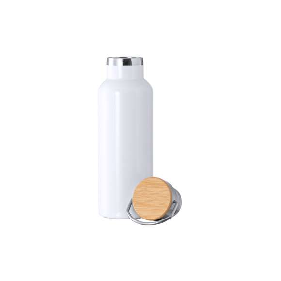 Bidón térmico de 500 ml de capacidad, fabricado en acero inox de doble pared y especialmente diseñado para marcaje en sublimación. De acabado blanco brillo y con original tapón a rosca en acero inox, con detalle de bambú y asa integrada. Libre de BPA y presentado en caja individual de diseño kraft.Disponible manual de instrucciones en español e inglés.