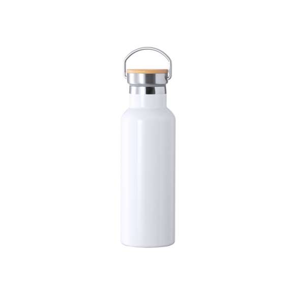 Bidón térmico de 500 ml de capacidad, fabricado en acero inox de doble pared y especialmente diseñado para marcaje en sublimación. De acabado blanco brillo y con original tapón a rosca en acero inox, con detalle de bambú y asa integrada. Libre de BPA y presentado en caja individual de diseño kraft.Disponible manual de instrucciones en español e inglés.