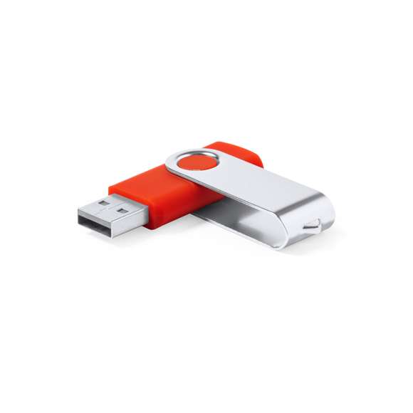 Memoria USB de 8GB de capacidad. Con mecanismo giratorio, cuerpo de suave acabado en ABS y clip metálico. Disponible en variada gama de colores y presentada en estuche individual plateado con ventana.