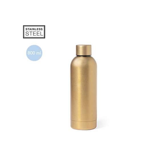 Bidón de acero inox de 800 ml de capacidad, disponible en variada gama de colores metalizados de acabado mate. Presentado en atractiva caja de diseño.