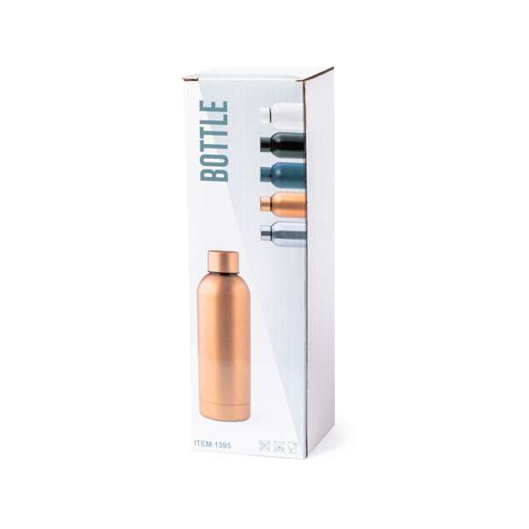 Bidón de acero inox de 800 ml de capacidad, disponible en variada gama de colores metalizados de acabado mate. Presentado en atractiva caja de diseño.