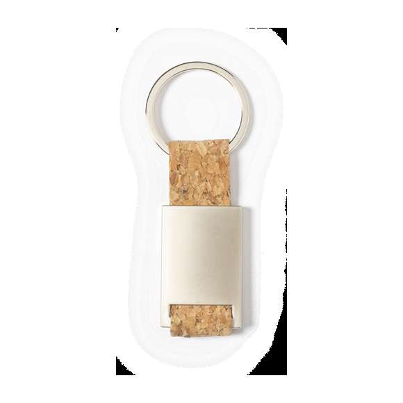 Llavero de línea nature con cinta en corcho natural y cuerpo metálico de acabado satinado. Presentado en bolsita individual con cartón interior eco.