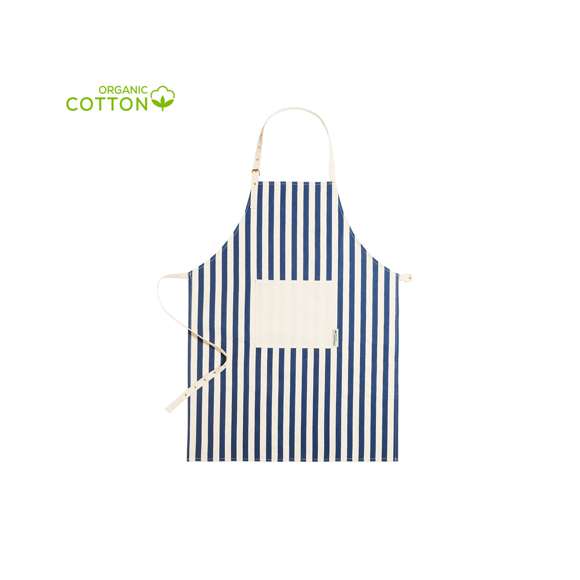  	Delantal de línea nature fabricado en material 100% algodón orgánico, cultivado usando métodos sostenibles, sin insecticidas, fertilizante u otros productos químicos, favoreciendo así el cuidado del medio ambiente. Con certificación GOTS (Global Organic Textile Standard, ó Norma Mundial de Textiles Orgánicos) que garantiza que los tejidos están hechos de fibras orgánicas. De innovador diseño a rayas verticales, con bolsillo frontal en color natural y de corte por debajo de la rodilla. Ajustable, con cintas en cuello y cintura. Distintivo algodón orgánico en etiqueta.