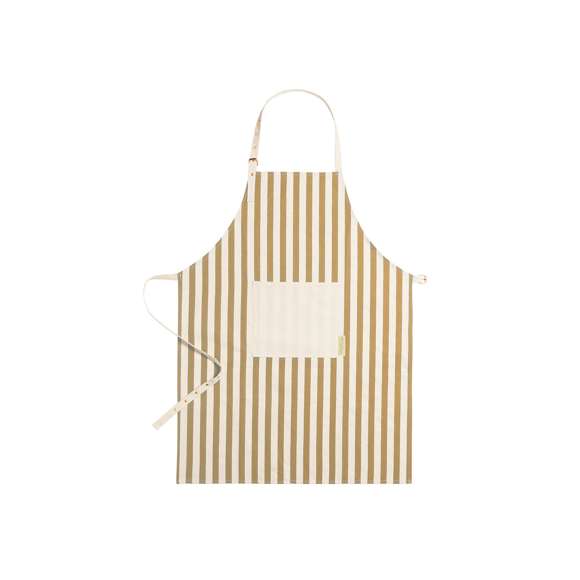  	Delantal de línea nature fabricado en material 100% algodón orgánico, cultivado usando métodos sostenibles, sin insecticidas, fertilizante u otros productos químicos, favoreciendo así el cuidado del medio ambiente. Con certificación GOTS (Global Organic Textile Standard, ó Norma Mundial de Textiles Orgánicos) que garantiza que los tejidos están hechos de fibras orgánicas. De innovador diseño a rayas verticales, con bolsillo frontal en color natural y de corte por debajo de la rodilla. Ajustable, con cintas en cuello y cintura. Distintivo algodón orgánico en etiqueta.