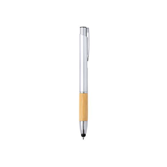  	Elegante bolígrafo puntero de línea nature y mecanismo pulsador. Cuerpo en resistente ABS de acabado brillo y empuñadura en bambú, con accesorios a juego. Clip metálico, con cartucho jumbo y en tinta azul.