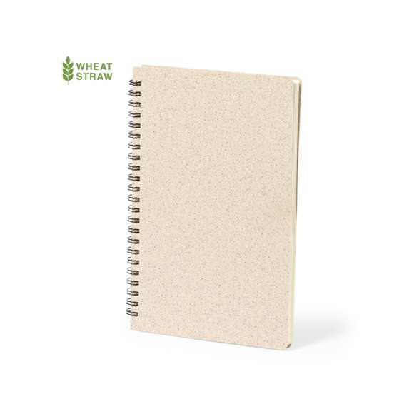 Innovadora libreta de anillas de línea nature, con tapas fabricadas en caña de trigo, para así fomentar la utilización de materias primas naturales y reducir las emisiones contaminantes. Con distintivo Wheat Straw y 80 hojas interiores lisas.