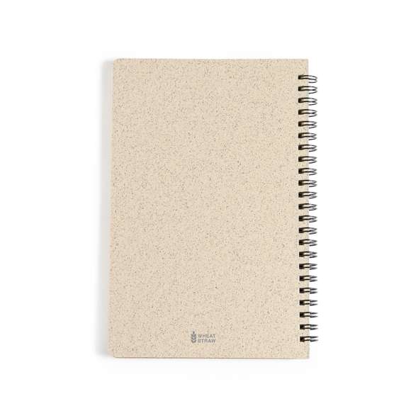 Innovadora libreta de anillas de línea nature, con tapas fabricadas en caña de trigo, para así fomentar la utilización de materias primas naturales y reducir las emisiones contaminantes. Con distintivo Wheat Straw y 80 hojas interiores lisas.