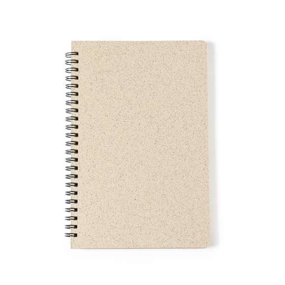 Innovadora libreta de anillas de línea nature, con tapas fabricadas en caña de trigo, para así fomentar la utilización de materias primas naturales y reducir las emisiones contaminantes. Con distintivo Wheat Straw y 80 hojas interiores lisas.