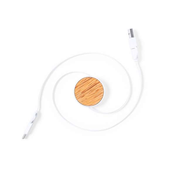  	Cable extensible USB con función cargador y de transferencia de datos. De línea nature y fabricado en coco del que, tras el consumo de su fruto, se pueden obtener multitud de productos, contribuyendo a la sostenibilidad del planeta y fomentando el uso de materias primas naturales. Conexiones Tipo C (entrada y salida), y dual Micro USB/Lightning. Con zona lisa para marcaje y presentado en caja individual de diseño eco en cartón kraft.